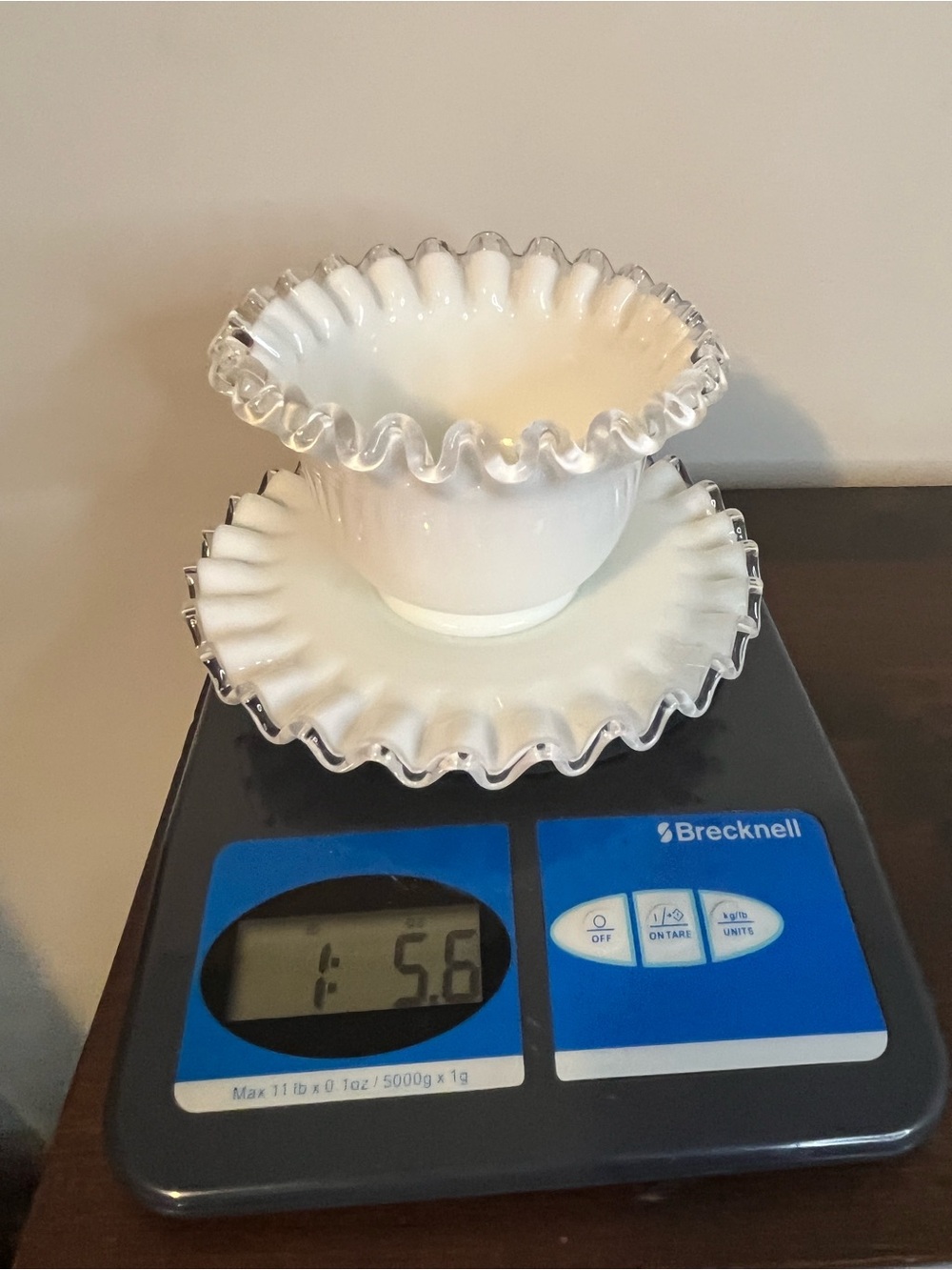 Vintage Fenton Silver Crest ruffled milk glass mayonnaise set bowl & dish - Picture 7 of 9